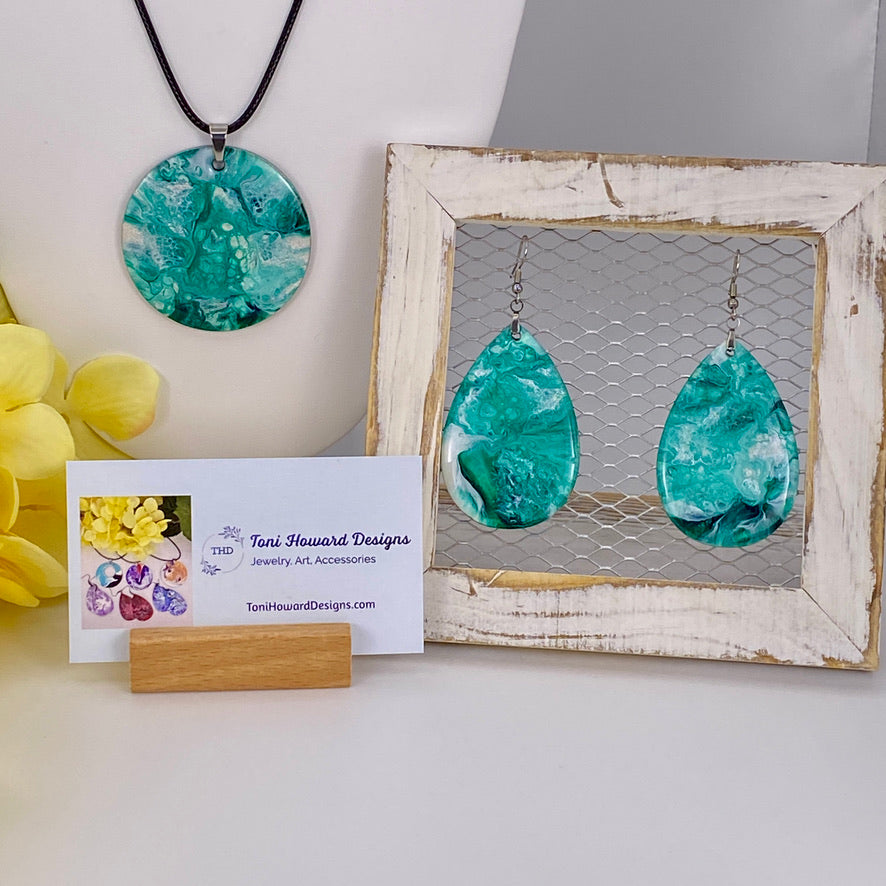 Hand Painted Iridescent Pendant Necklace And Earring Set