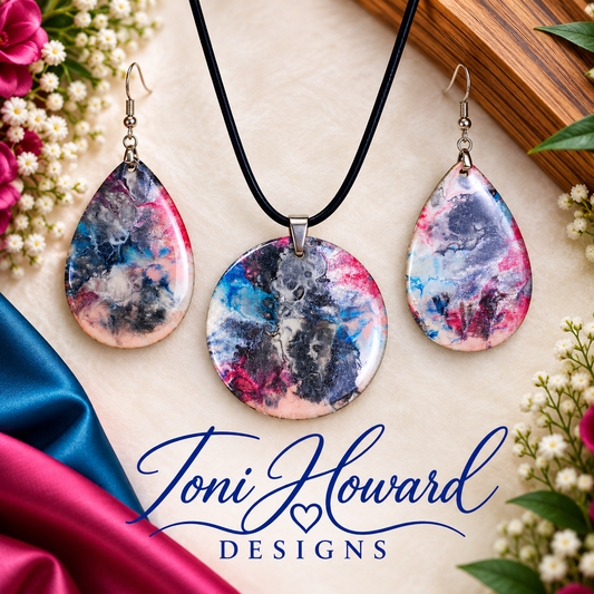 Hand Painted Iridescent Pendant Necklace And Earring Set