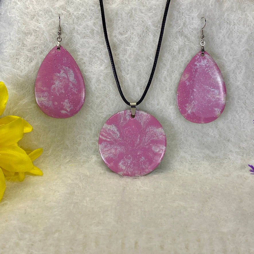 Hand Painted Iridescent Pendant Necklace And Earring Set