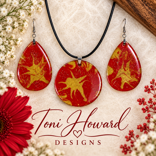 Hand Painted Iridescent Pendant Necklace And Earring Set