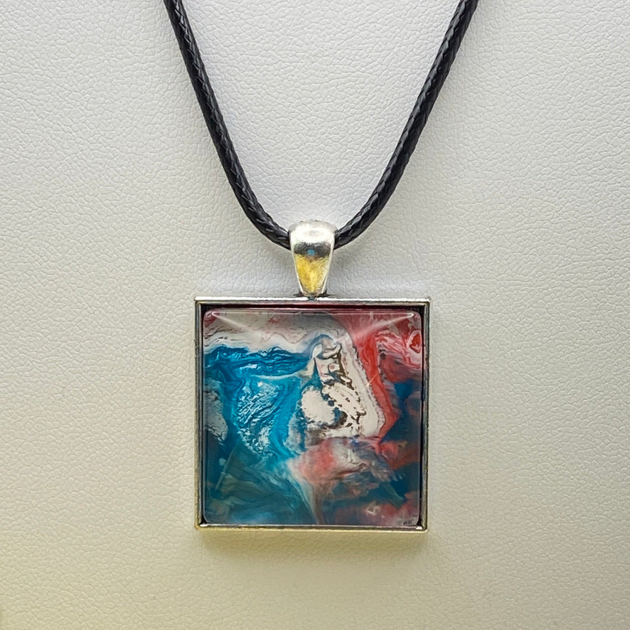 Hand Painted Glass Cabochon Square Bezel Pendant Necklace