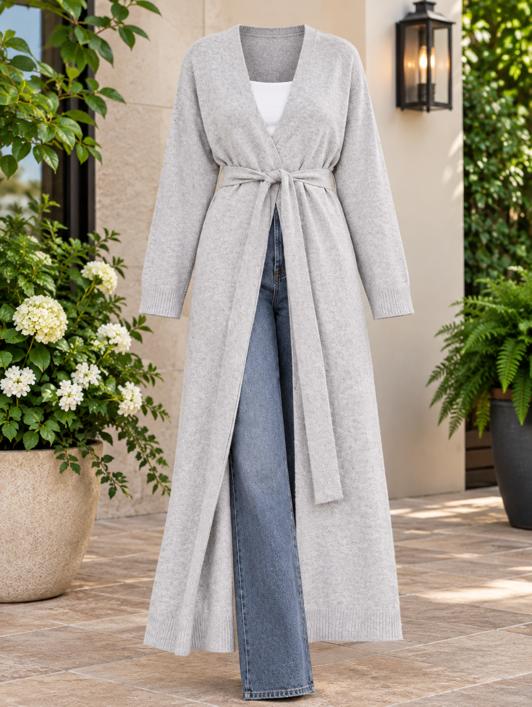 Women's Light Gray Long Duster Cardigan Sweater – Open Front, Tie Waist, S, M, L – New With Tags