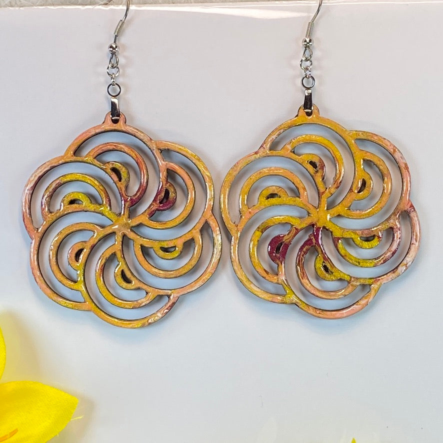 Hand Painted Geometric Cut Out Iridescent Dangle Pendant Earrings