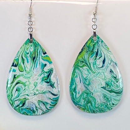 Hand Painted Tear Drop Iridescent Dangle Pendant Earrings