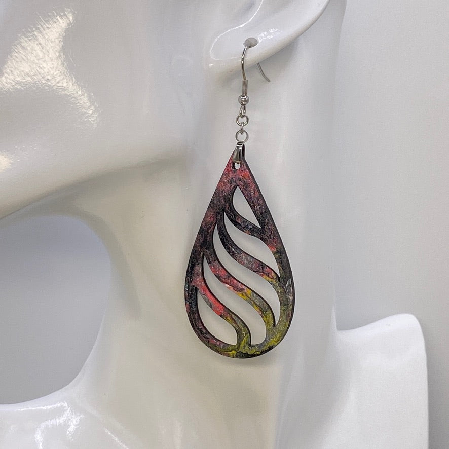 Hand Painted Tear Drop Cut Out Iridescent Dangle Pendant Earrings