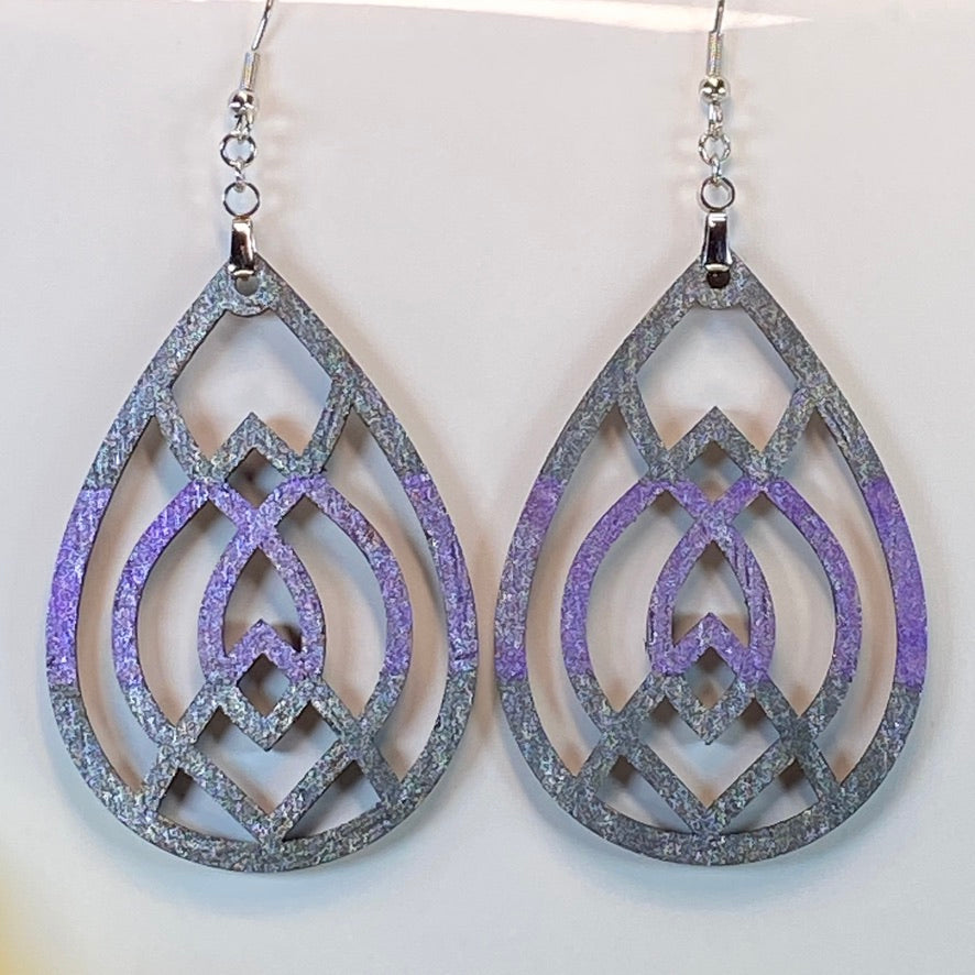 Hand Painted Tear Drop Cut Out Iridescent Dangle Pendant Earrings