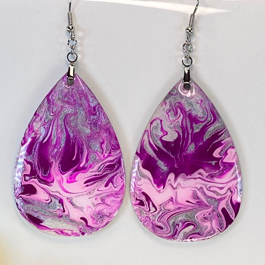 Hand Painted Tear Drop Iridescent Dangle Pendant Earrings