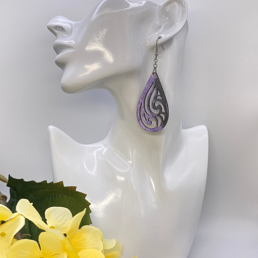 Hand Painted Tear Drop Cut Out Iridescent Dangle Pendant Earrings