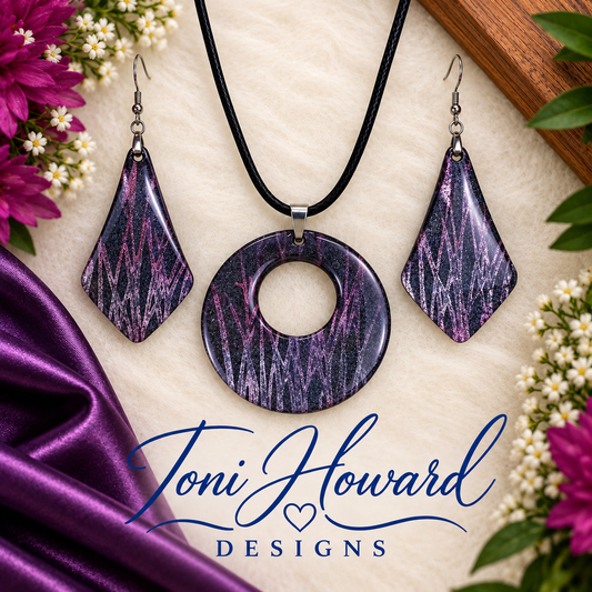 Hand Painted Iridescent Center Hollow Pendant Necklace and Earring Set