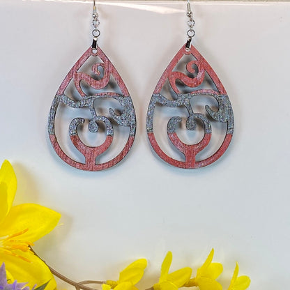 Hand Painted Tear Drop Cut Out Iridescent Dangle Pendant Earrings