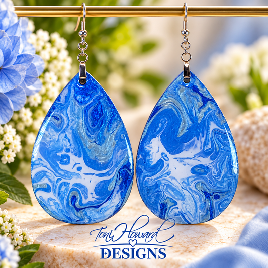 Hand Painted Tear Drop Iridescent Dangle Pendant Earrings