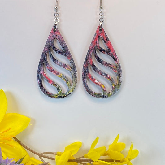 Hand Painted Tear Drop Cut Out Iridescent Dangle Pendant Earrings