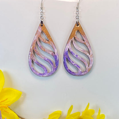 Hand Painted Tear Drop Cut Out Iridescent Dangle Pendant Earrings