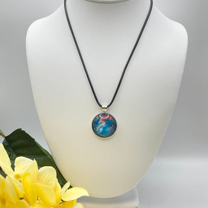 Hand Painted Glass Cabochon Round Bezel Pendant Necklace