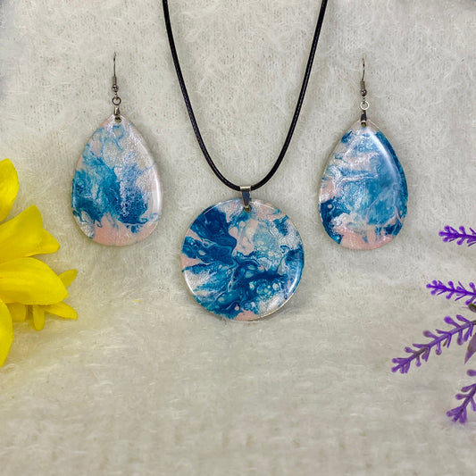 Hand Painted Iridescent Pendant Necklace And Earring Set