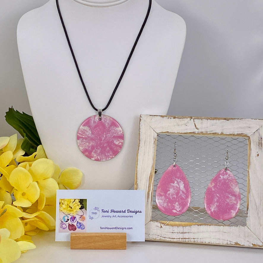 Hand Painted Iridescent Pendant Necklace And Earring Set