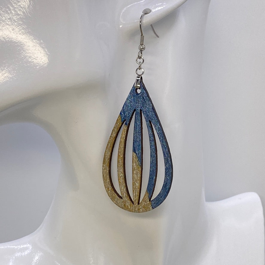 Hand Painted Tear Drop Cut Out Iridescent Dangle Pendant Earrings