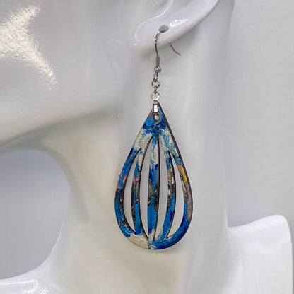 Hand Painted Tear Drop Cut Out Iridescent Dangle Pendant Earrings