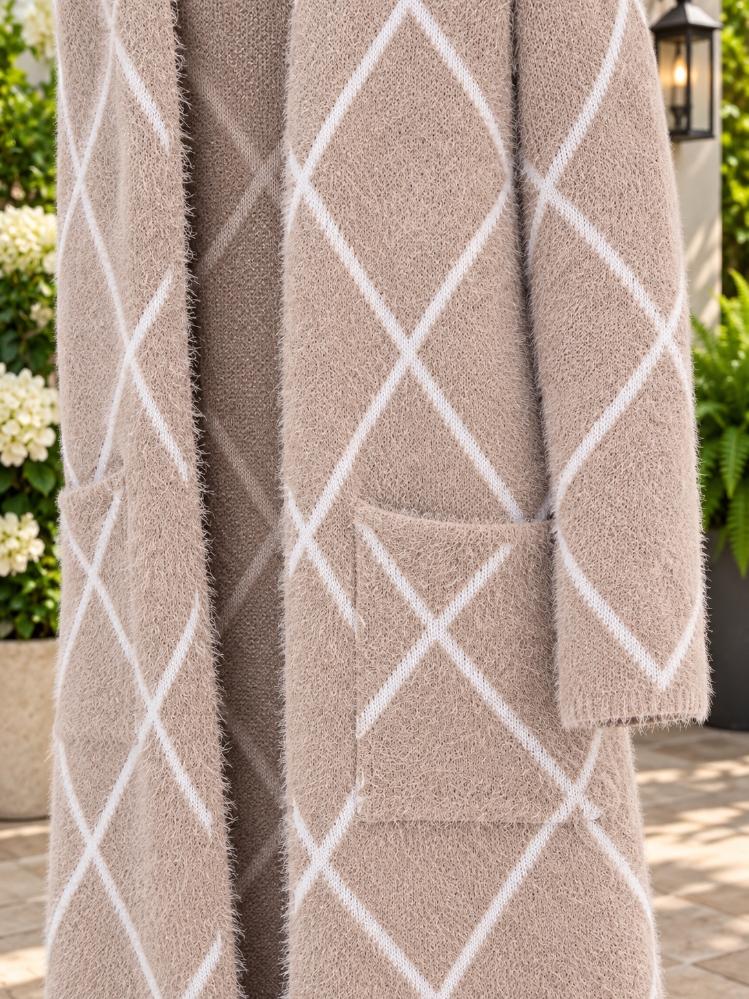 Women's Tan & White Diamond Pattern Long Cardigan Sweater – Open Front, Fuzzy Knit, S, M, L, XL – New With Tags