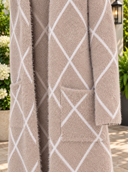 Women's Tan & White Diamond Pattern Long Cardigan Sweater – Open Front, Fuzzy Knit, S, M, L, XL – New With Tags