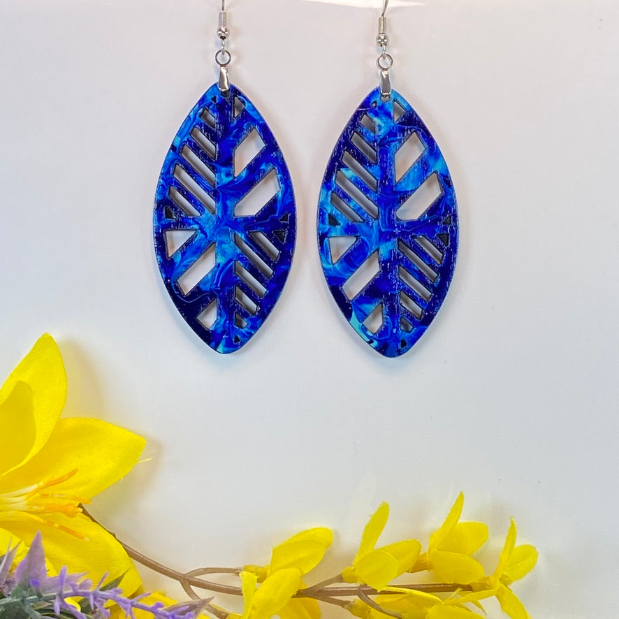 Hand Painted Geometric Cut Out Iridescent Dangle Pendant Earrings