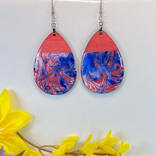 Hand Painted Tear Drop Color Block Iridescent Dangle Pendant Earrings