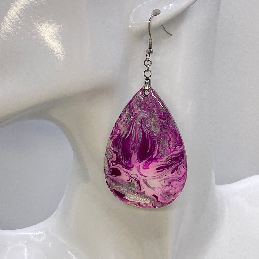 Hand Painted Tear Drop Iridescent Dangle Pendant Earrings