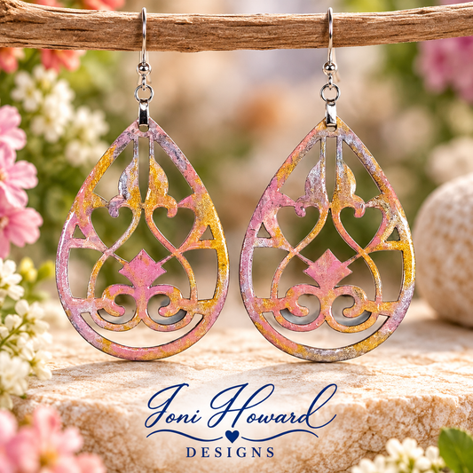 Hand Painted Tear Drop Cut Out Iridescent Dangle Pendant Earrings