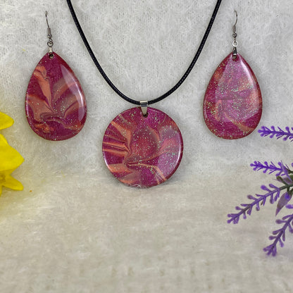 Hand Painted Iridescent Pendant Necklace And Earring Set