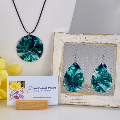 Hand Painted Iridescent Pendant Necklace And Earring Set