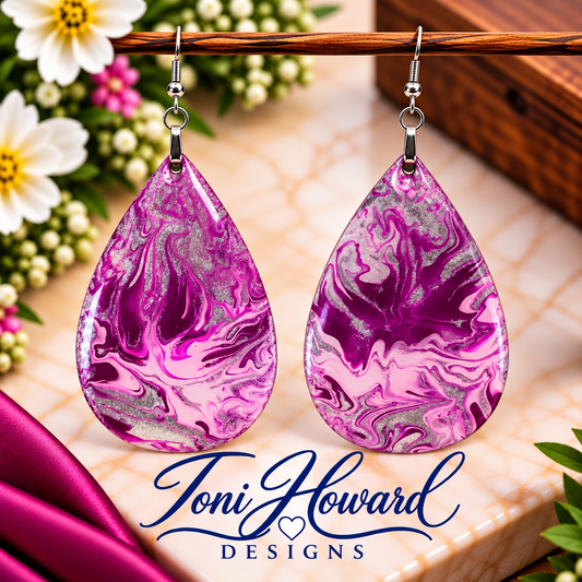 Hand Painted Tear Drop Iridescent Dangle Pendant Earrings