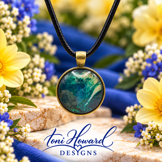 Hand Painted Glass Cabochon Round Bezel Pendant Necklace