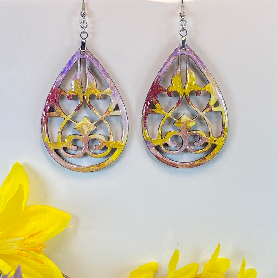 Hand Painted Tear Drop Cut Out Iridescent Dangle Pendant Earrings