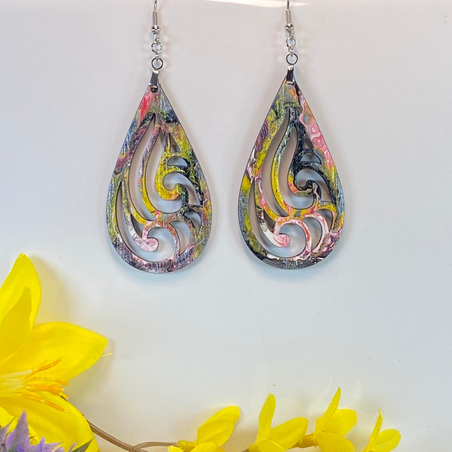 Hand Painted Tear Drop Cut Out Iridescent Dangle Pendant Earrings