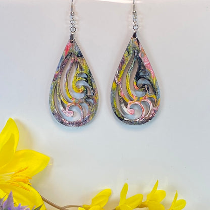 Hand Painted Tear Drop Cut Out Iridescent Dangle Pendant Earrings