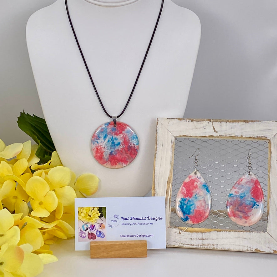 Hand Painted Iridescent Pendant Necklace And Earring Set