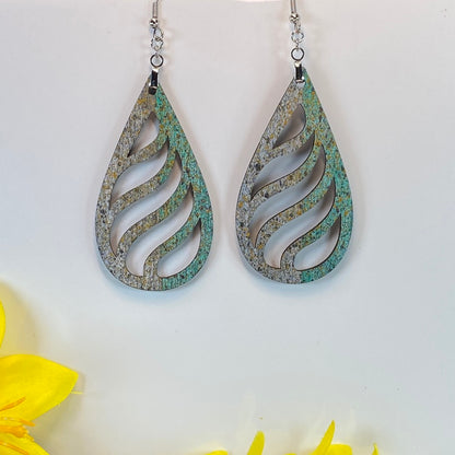 Hand Painted Tear Drop Cut Out Iridescent Dangle Pendant Earrings