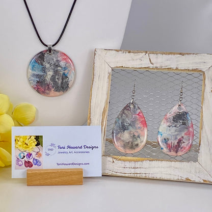 Hand Painted Iridescent Pendant Necklace And Earring Set