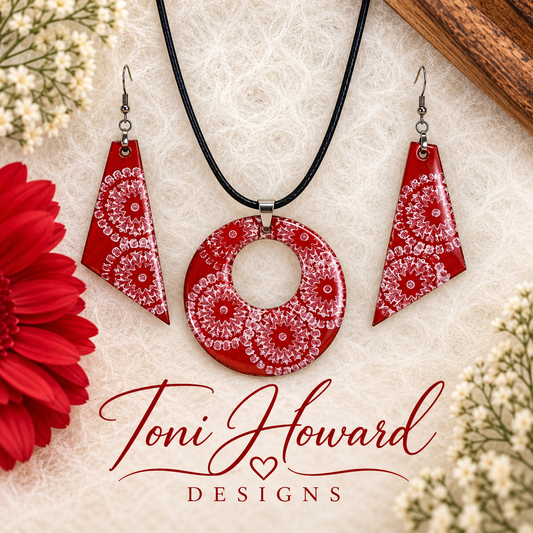Hand Painted Iridescent Center Hollow Pendant Necklace and Earring Set