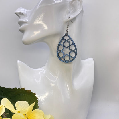 Hand Painted Tear Drop Cut Out Iridescent Dangle Pendant Earrings