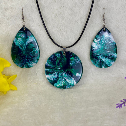 Hand Painted Iridescent Pendant Necklace And Earring Set