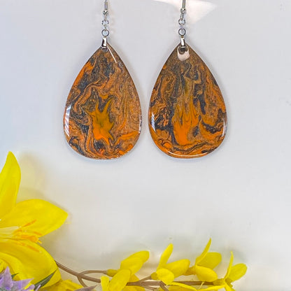 Hand Painted Tear Drop Iridescent Dangle Pendant Earrings