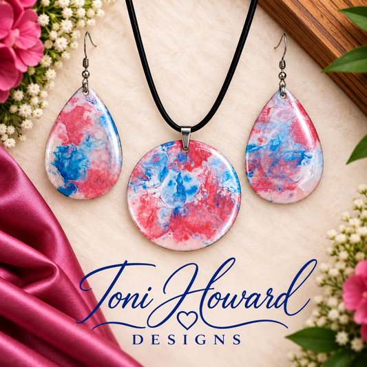 Hand Painted Iridescent Pendant Necklace And Earring Set