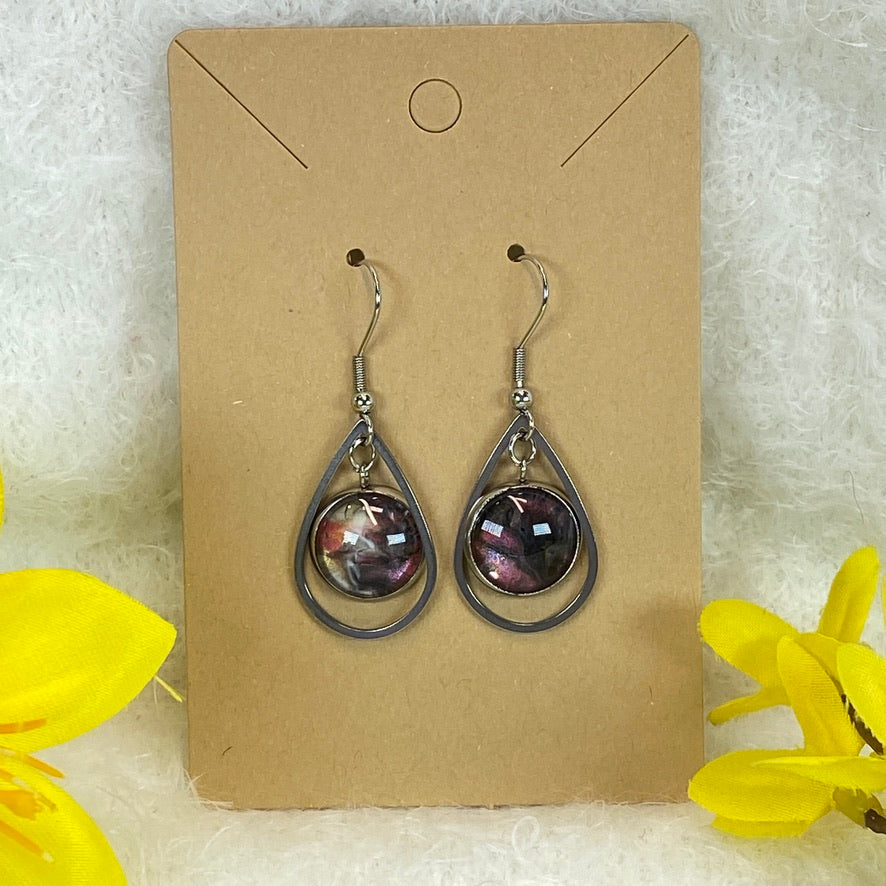 Hand Painted Glass Cabochon Gem Bezel Earrings