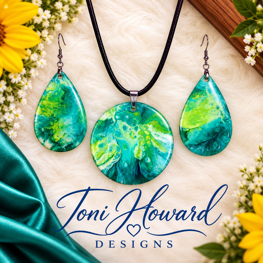 Hand Painted Iridescent Pendant Necklace And Earring Set