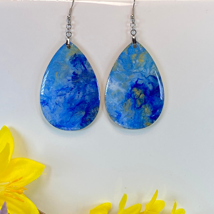 Hand Painted Tear Drop Iridescent Dangle Pendant Earrings