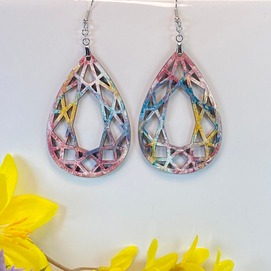 Hand Painted Tear Drop Cut Out Iridescent Dangle Pendant Earrings