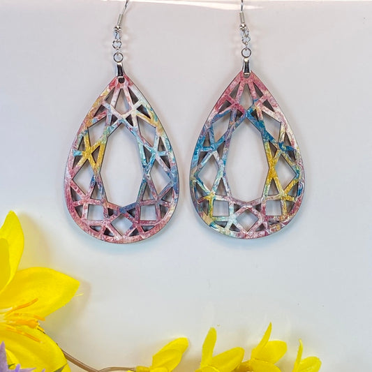 Hand Painted Tear Drop Cut Out Iridescent Dangle Pendant Earrings