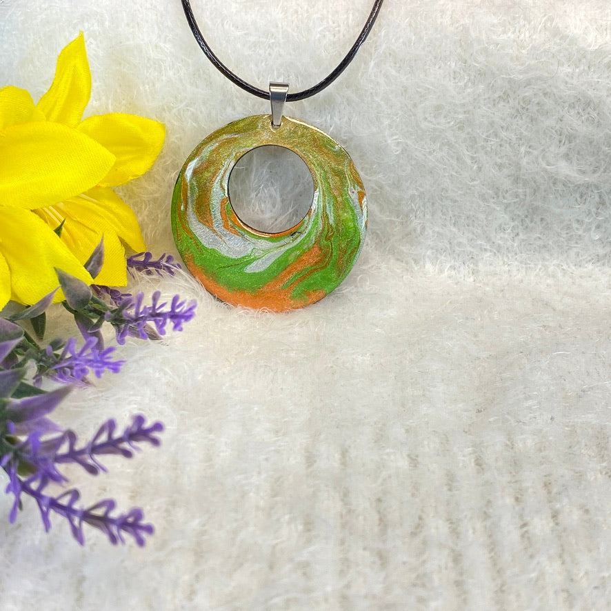 Hand Painted Iridescent Center Hollow Pendant Necklace