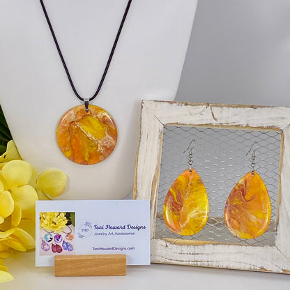 Hand Painted Iridescent Pendant Necklace And Earring Set